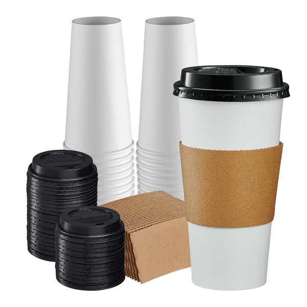 20 oz. Disposable Coffee Cups with Lids, Sleeves, Stirrers - To Go Paper Hot Cups