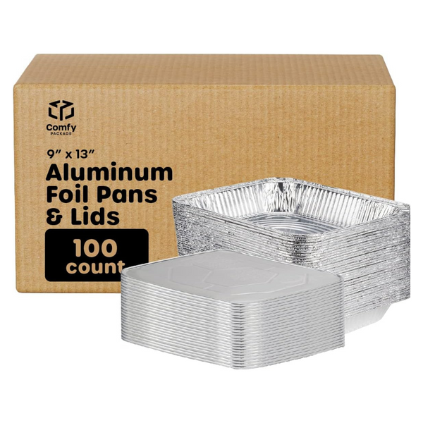 [Case of 100]  9 x 13 Aluminum Foil Steam Table Pans With Lids - Half Size Deep