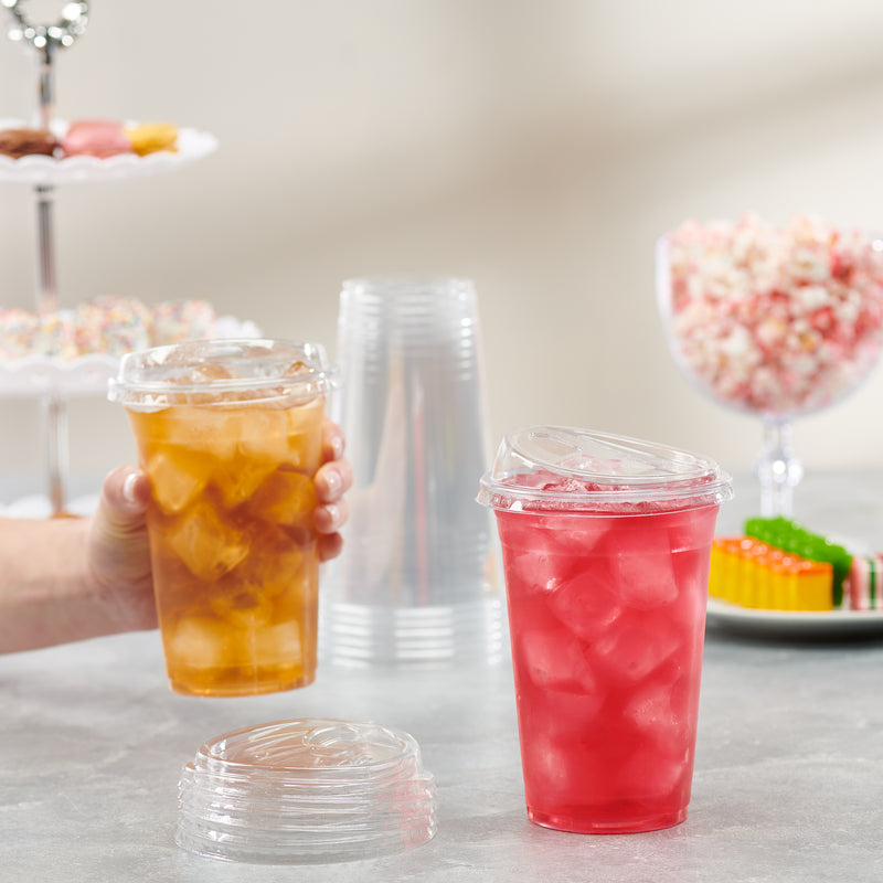 Comfy Package 20 oz. Crystal Clear Plastic Cups With Strawless Sip-Lids