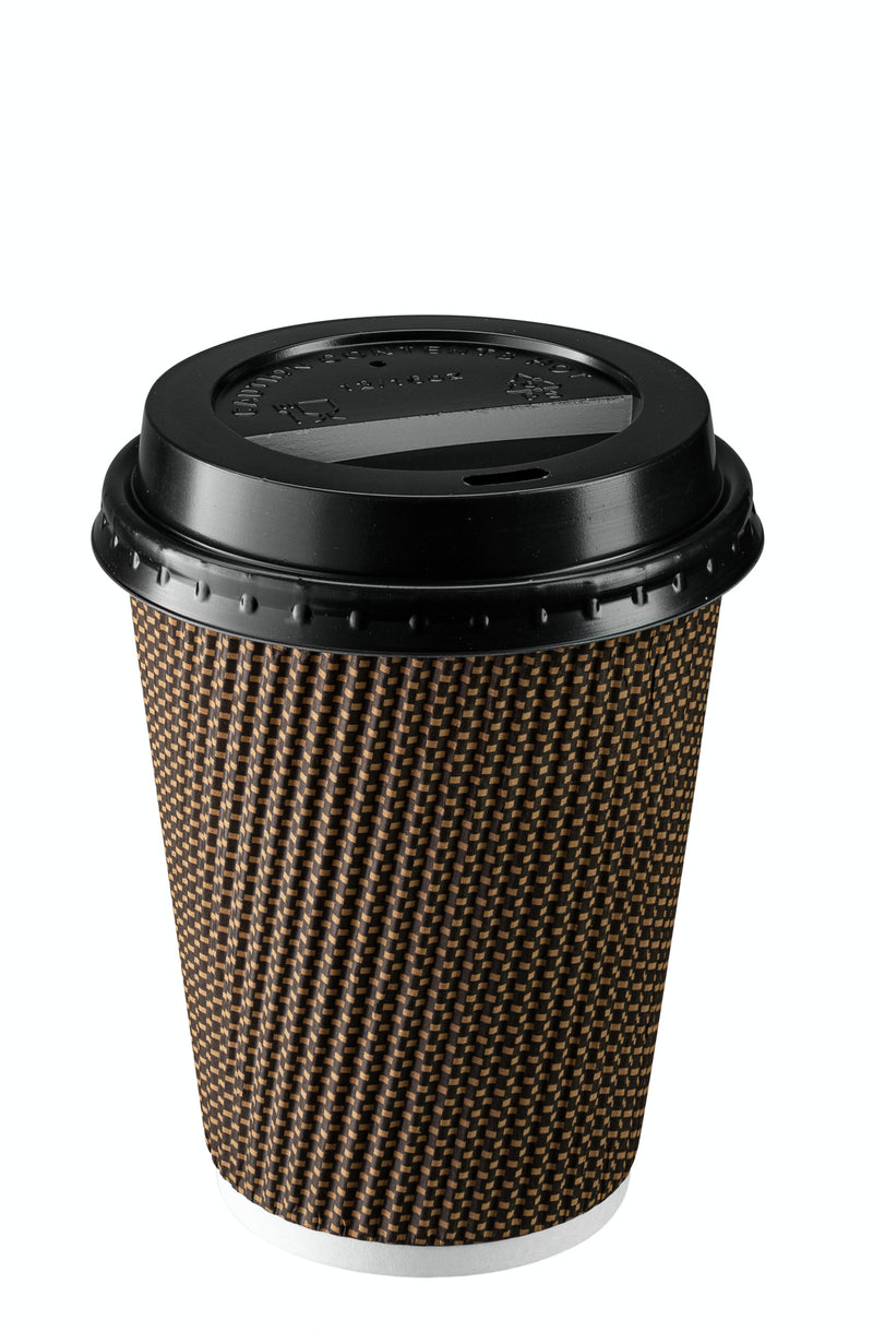 [12 oz.] Insulated Brown Patterned Ripple Paper Hot Coffee Cups With Lids