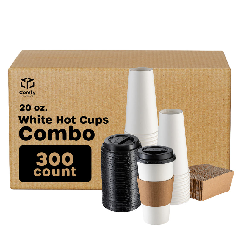 [Case of 300] 20 oz. Disposable Coffee Cups with Lids, Sleeves, Stirrers - To Go Paper Hot Cups