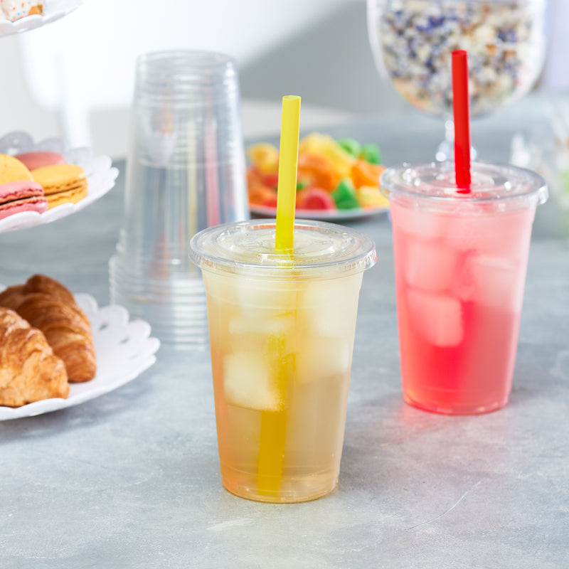Comfy Package 20 oz. Crystal Clear Plastic Cups With Flat Lids & Colored Straws - Disposable Clear Drinking Cups For Iced Coffee, Cold Drinks, Milkshakes, and Smoothies