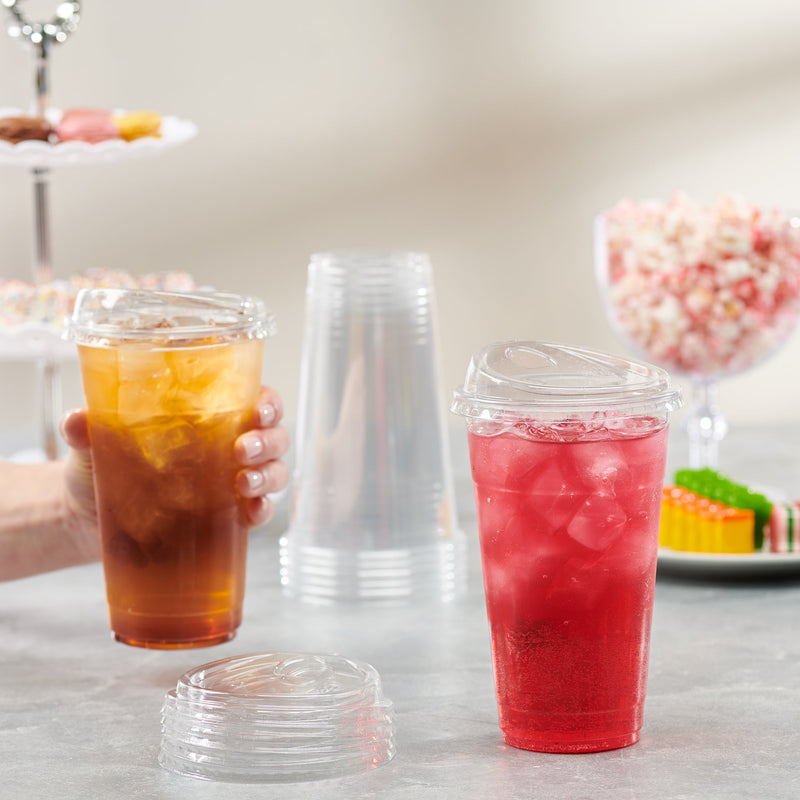 [Case of 500] 24 oz. Crystal Clear Plastic Cups With Strawless Sip-Lids