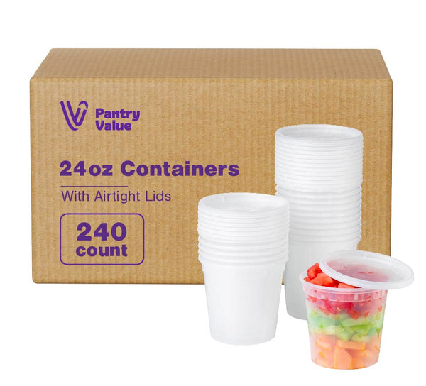 Pantry Value [Case of 240] 24 oz. Plastic Deli Food Storage Containers with Airtight Lids