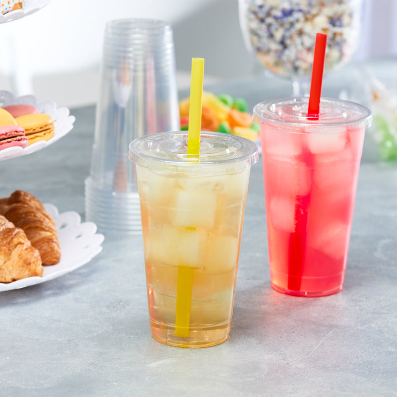 Comfy Package 24 oz. Crystal Clear Plastic Cups With Flat Lids & Colored Straws - Disposable Clear Drinking Cups For Iced Coffee, Cold Drinks, Milkshakes, and Smoothies