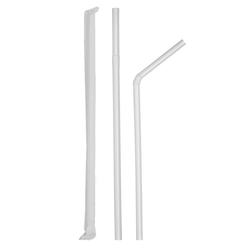[Case of 9120] - Individually Wrapped 7.75 Inch White Plastic Flexible Straws