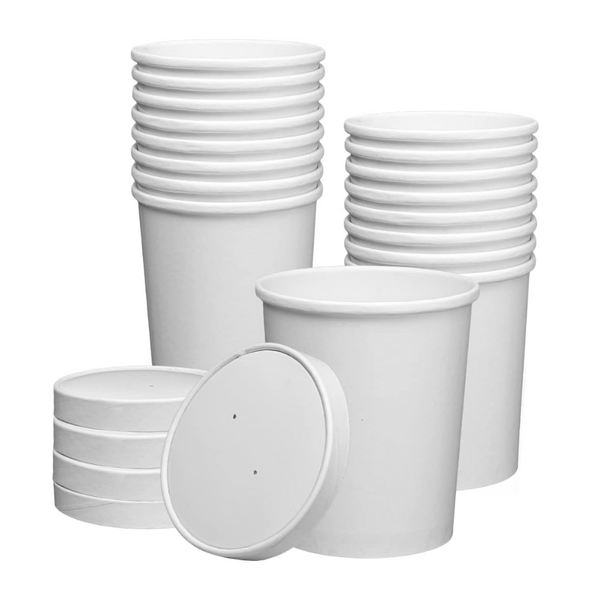 32 oz. Paper Food Containers With Vented Lids, To Go Hot Soup Bowls, Disposable Ice Cream Cups, White [ 25 Sets]
