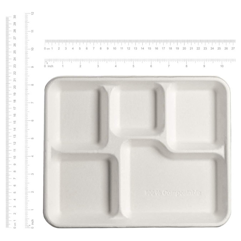 [Case of 500] 100% Compostable 5 Compartment Plates Eco-Friendly Disposable Sugarcane 10 inch Paper Trays