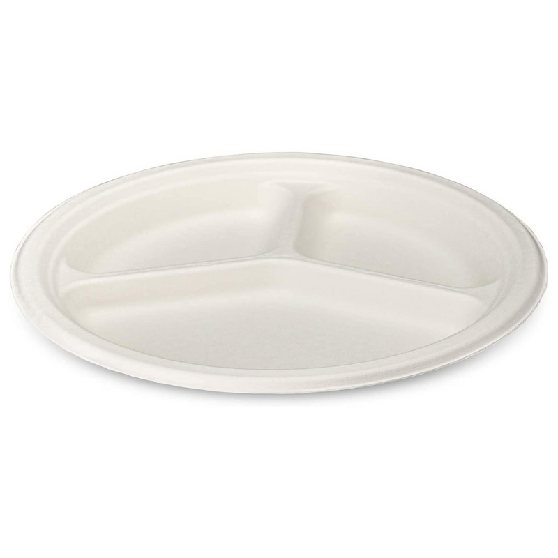 [Case of 500]  100% Compostable 10 Inch Heavy-Duty Plates 3 Compartment Eco-Friendly Disposable Sugarcane Paper Plates