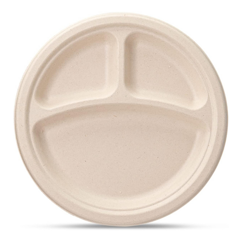 [Case of 500]  100% Compostable 9 Inch Heavy-Duty Plates 3 Compartment Eco-Friendly Disposable Sugarcane Paper Plates- Brown Unbleached