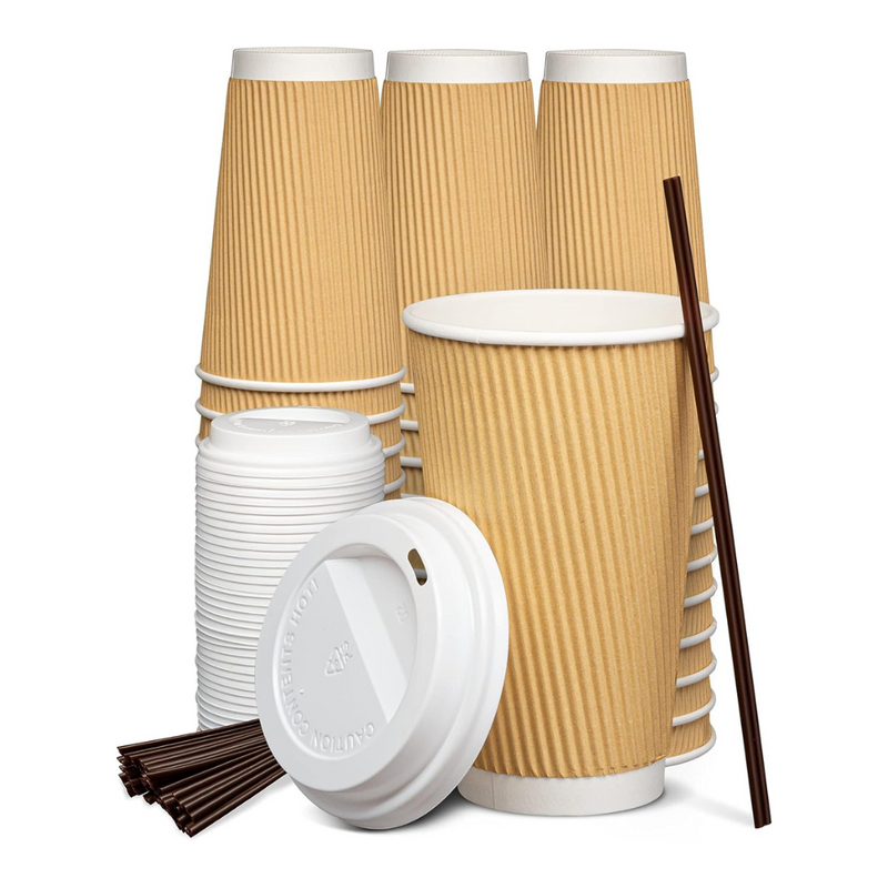 [Case of 250] 16 oz. Insulated Ripple Paper Hot Coffee Cups With Lids & Stirrers