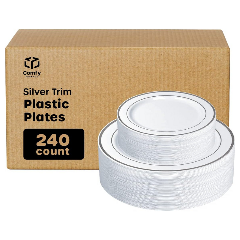 [Case of 240] Combo Silver Trim Plastic Plates - Premium Heavy-Duty Disposable 10.25" Dinner Party Plates and Disposable 7.5" Salad Plates
