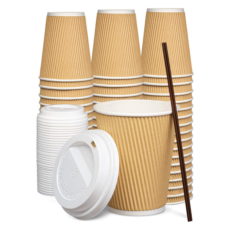 12 oz Insulated Ripple Paper Hot Coffee Cups With Lids & Stirrers