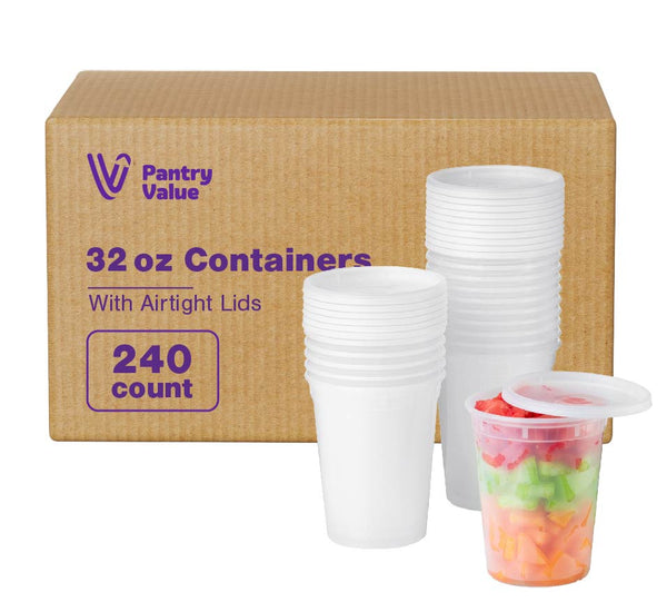 Pantry Value [Case of 240] 32 oz. Plastic Deli Food Storage Containers with Airtight Lids