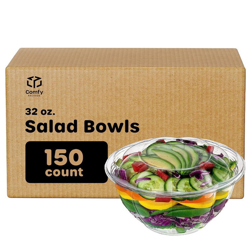 [Case of 150] 32 oz. Plastic Salad Bowls To-Go With Airtight Lids, Salad Containers
