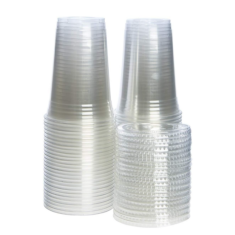 [Case of 500 Sets] 20 oz. Plastic Cups With Flat Lids