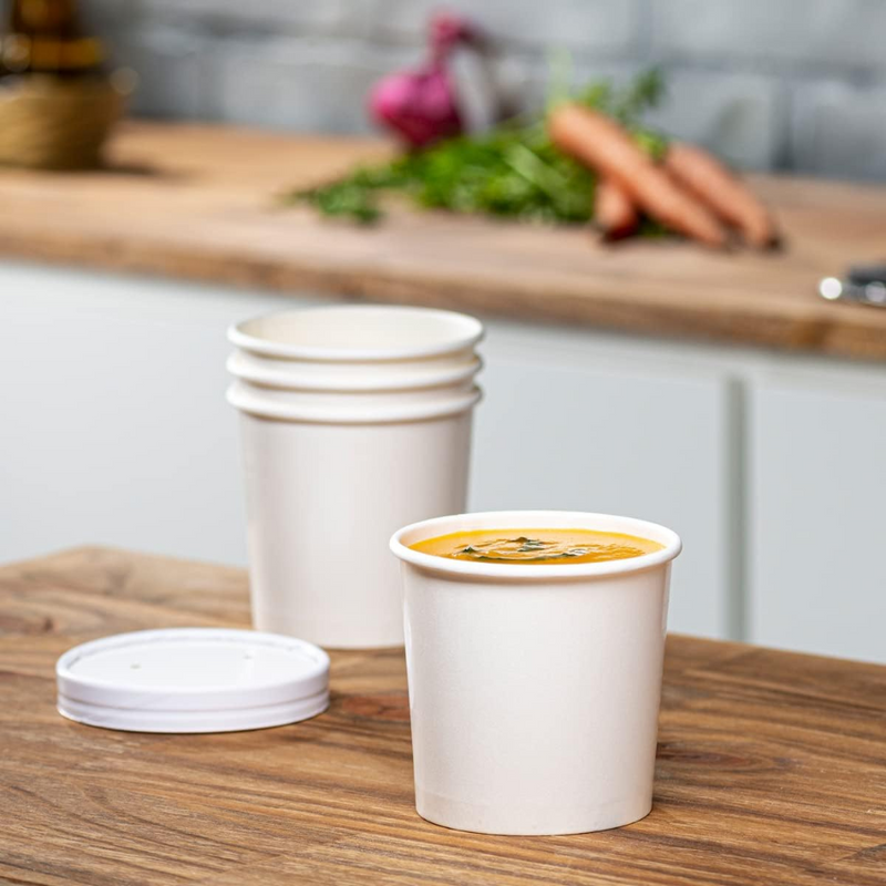 [Case of 250] 8 oz. Paper Food Containers With Vented Lids, To Go Hot Soup Bowls, Disposable Ice Cream Cups, White