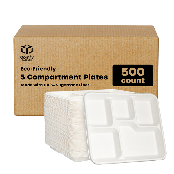 [Case of 500] 100% Compostable 5 Compartment Plates Eco-Friendly Disposable Sugarcane 10 inch Paper Trays