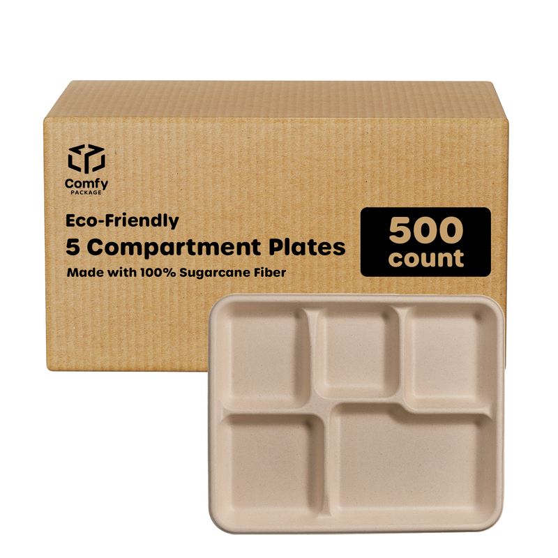 [Case of 500] 100% Compostable 5 Compartment Plates Eco-Friendly Disposable Sugarcane 10 inch Paper Trays - Brown Unbleached