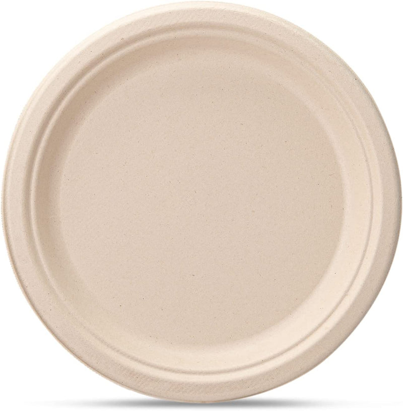 100% Compostable 9 Inch Heavy-Duty Plates Eco-Friendly Disposable Sugarcane Paper Plates - Brown Unbleached