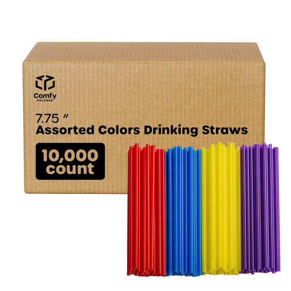 [Case of 10,000] Disposable Plastic Drinking Straws - 7.75" High - Assorted Colors