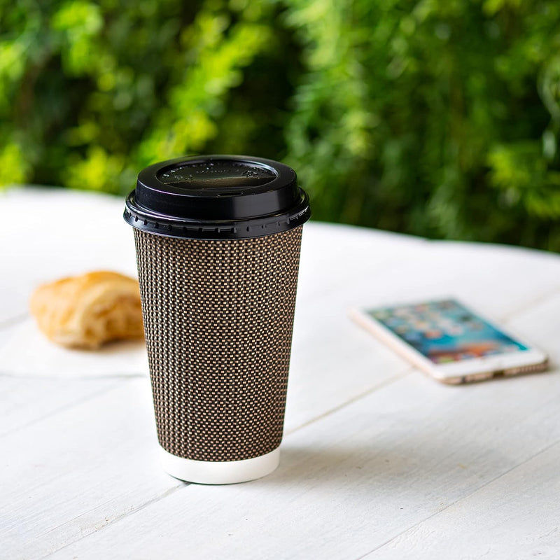[Case of 300] 10 oz. Insulated Brown Patterned Ripple Paper Hot Coffee Cups With Lids