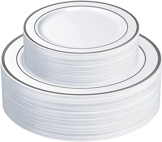 [Case of 300] Combo Silver Trim Plastic Plates - Premium Heavy-Duty 150 Disposable 10.25" Dinner Party Plates and 150 Disposable 7.5" Salad Plates…