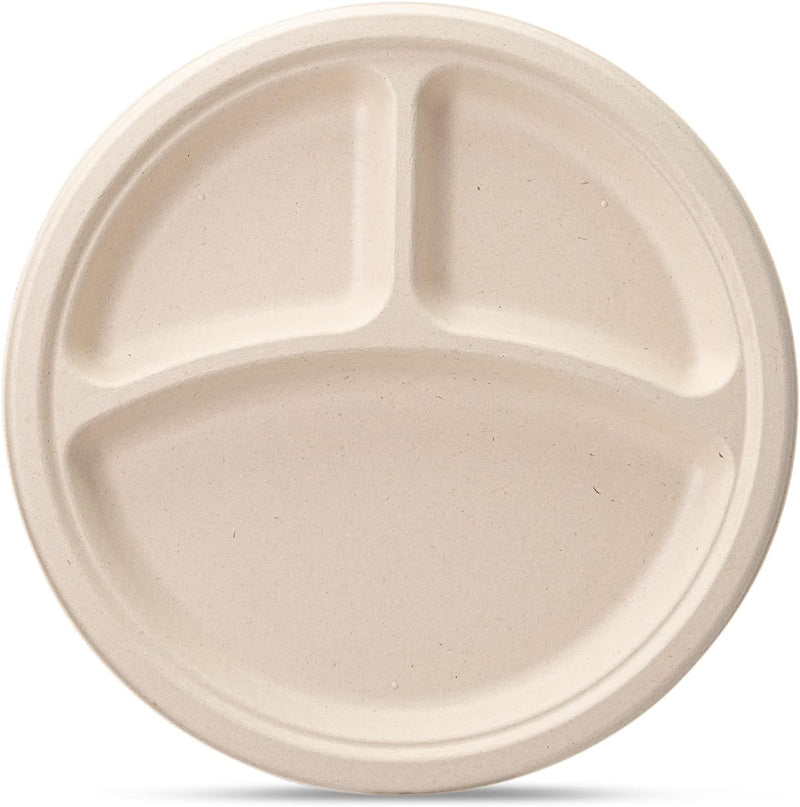 100% Compostable 10 Inch Heavy-Duty Plates 3 Compartment Eco-Friendly Disposable Sugarcane Paper Plates- Brown Unbleached