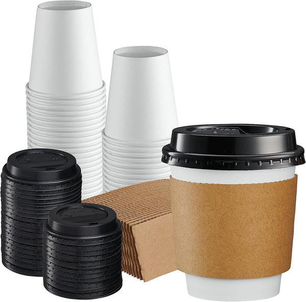 10 oz. Disposable Coffee Cups with Lids, Sleeves, Stirrers - To Go Paper Hot Cups