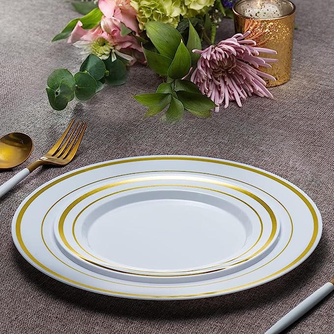 [Case of 240] Combo Gold Trim Plastic Plates - Premium Heavy-Duty Disposable 10.25" Dinner Party Plates and Disposable 7.5" Salad Plates