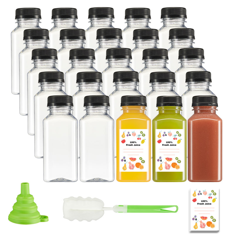 8 oz. Reusable Plastic Juice Bottles With Caps, Labels, Brush, and Silicone Funnel |Clear Juice Containers for Juices, Water, Smoothies, and Other Beverages