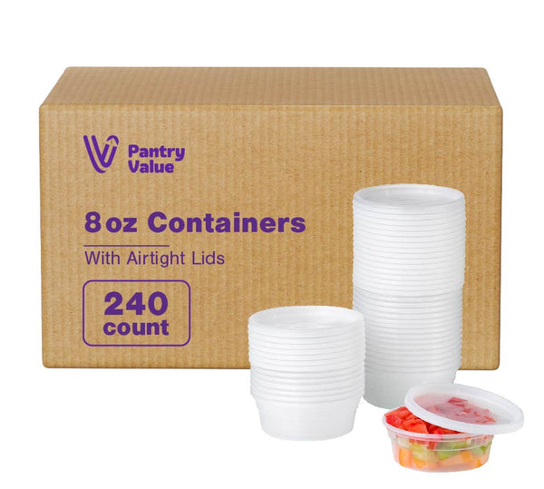 Pantry Value [Case of 240] 8 oz. Plastic Deli Food Storage Containers with Airtight Lids