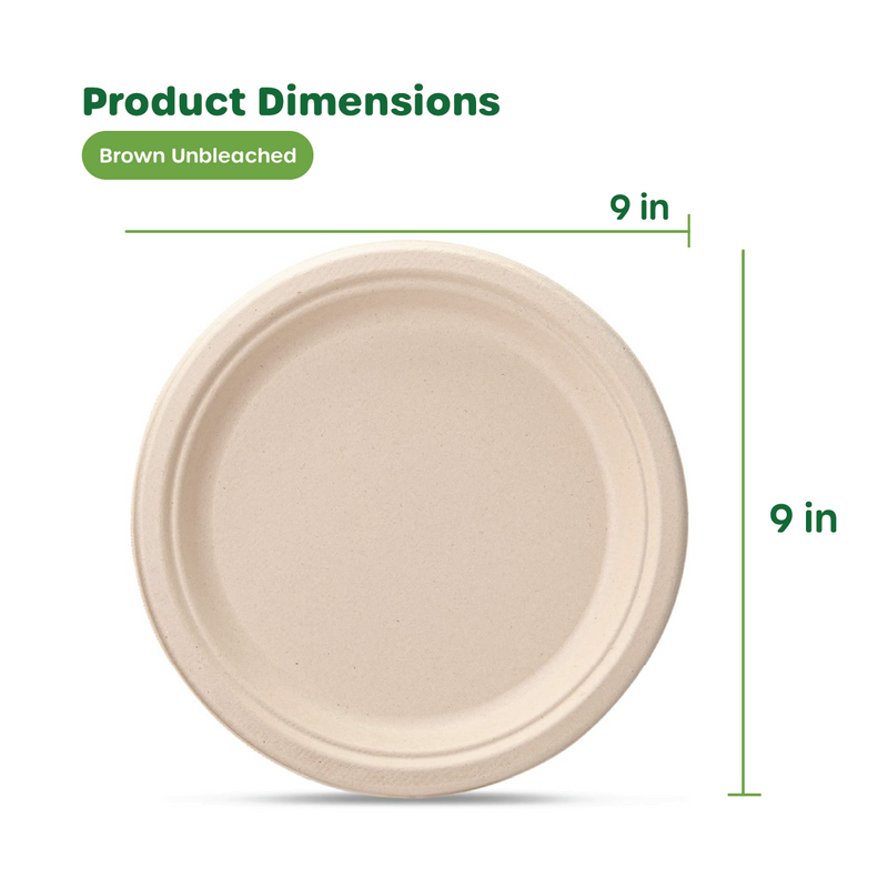 100% Compostable 9 Inch Heavy-Duty Plates Eco-Friendly Disposable Sugarcane Paper Plates - Brown Unbleached