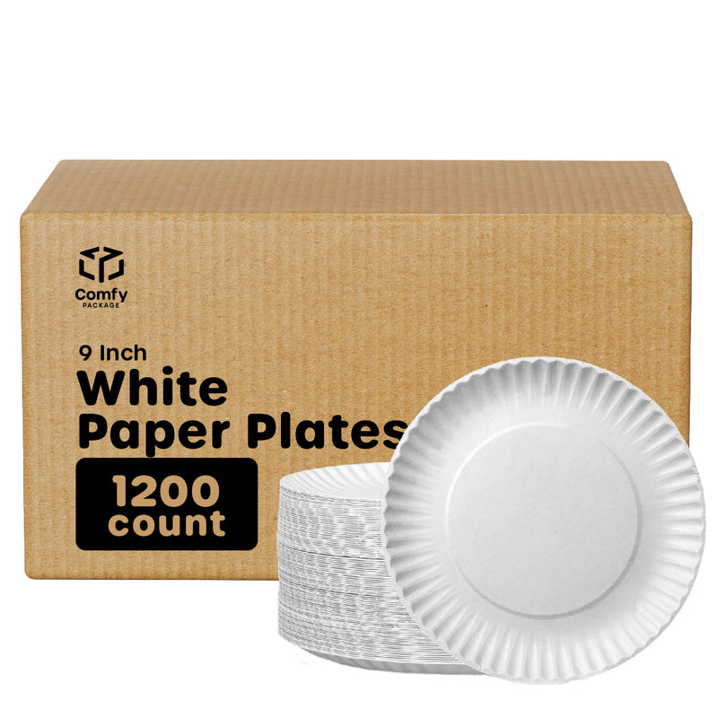 GUSTO [9 Inch] Disposable White Uncoated Paper Plates - Large (Formerly Comfy Package)