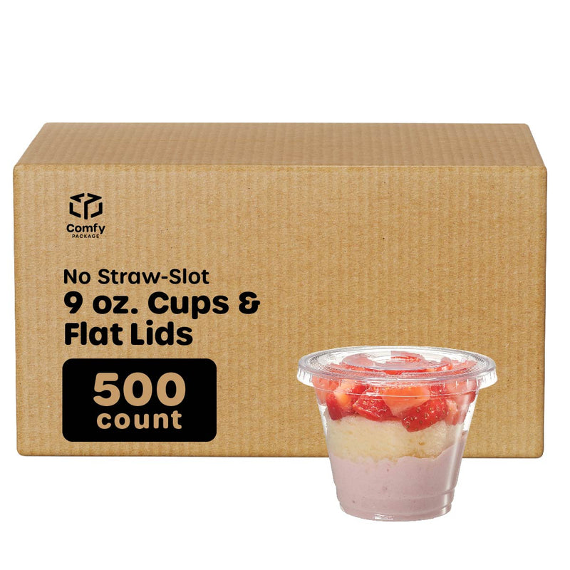 Comfy Package [50 Sets 9 oz. Clear Plastic Cups With No Hole Flat Lids