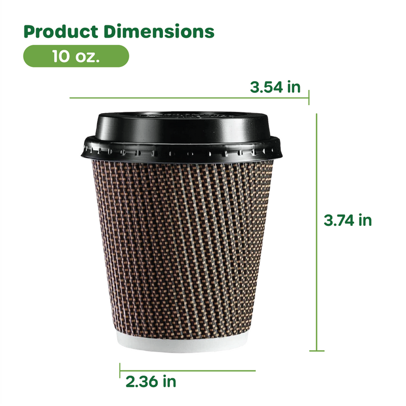 [Case of 300] 10 oz. Insulated Brown Patterned Ripple Paper Hot Coffee Cups With Lids