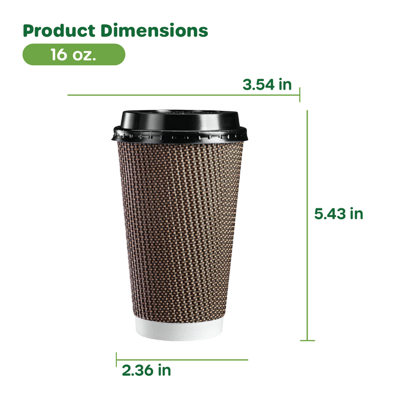 [16 oz.] Insulated Brown Patterned Ripple Paper Hot Coffee Cups With Lids