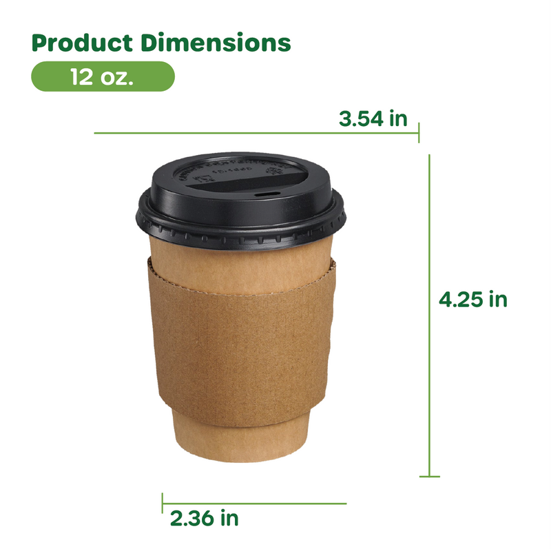Comfy Package 12 oz. Disposable Kraft Coffee Cups with Black Lids, Sleeves - To Go Paper Hot Cups