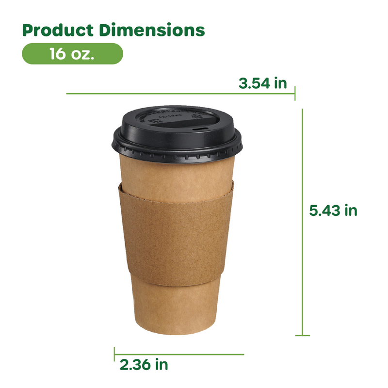 [Case of 300] 16 oz. Disposable Kraft Coffee Cups with Black Lids, Sleeves - To Go Paper Hot Cups