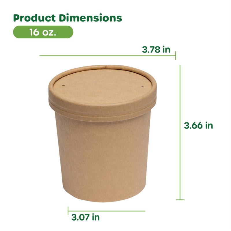 [Case of 250] 16 oz. Paper Food Containers With Vented Lids, To Go Hot Soup Bowls, Disposable Ice Cream Cups, Kraft
