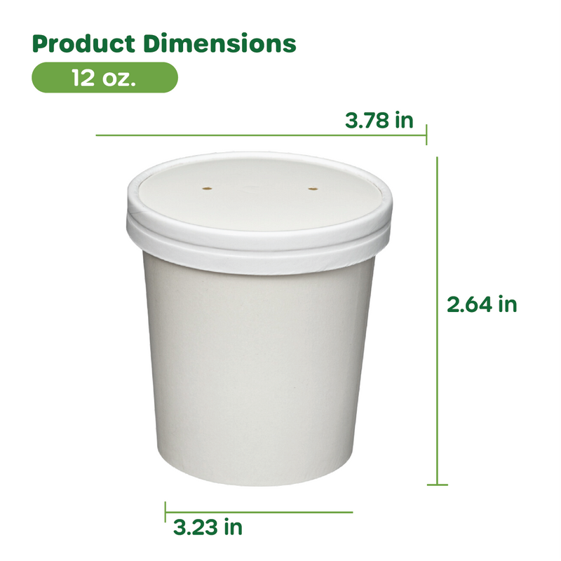 [Case of 250] 12 oz. Paper Food Containers With Vented Lids, To Go Hot Soup Bowls, Disposable Ice Cream Cups, White