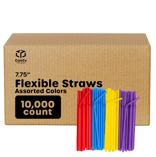 [Case of 10,000] Flexible Disposable Plastic Drinking Straws - Assorted Colors