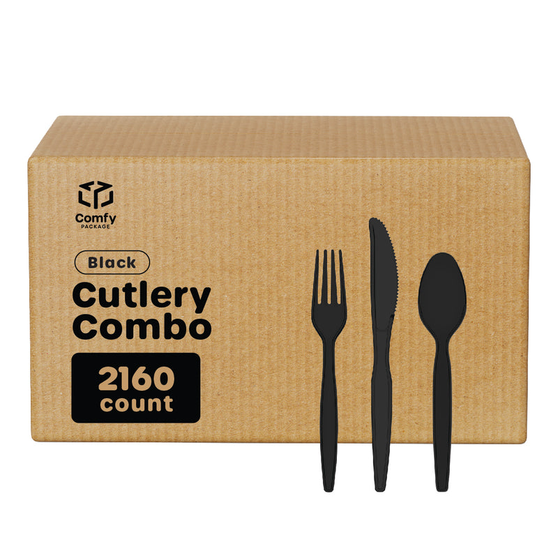 [360 Combo Pack] Premium Heavyweight Disposable Black Plastic Silverware - 180 Forks, 120 Spoons and 60 Knives Cutlery