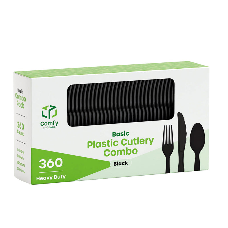 [Case of 2160] Premium Heavyweight Disposable Black Plastic Silverware - 1080 Forks, 720 Spoons and 360 Knives Cutlery