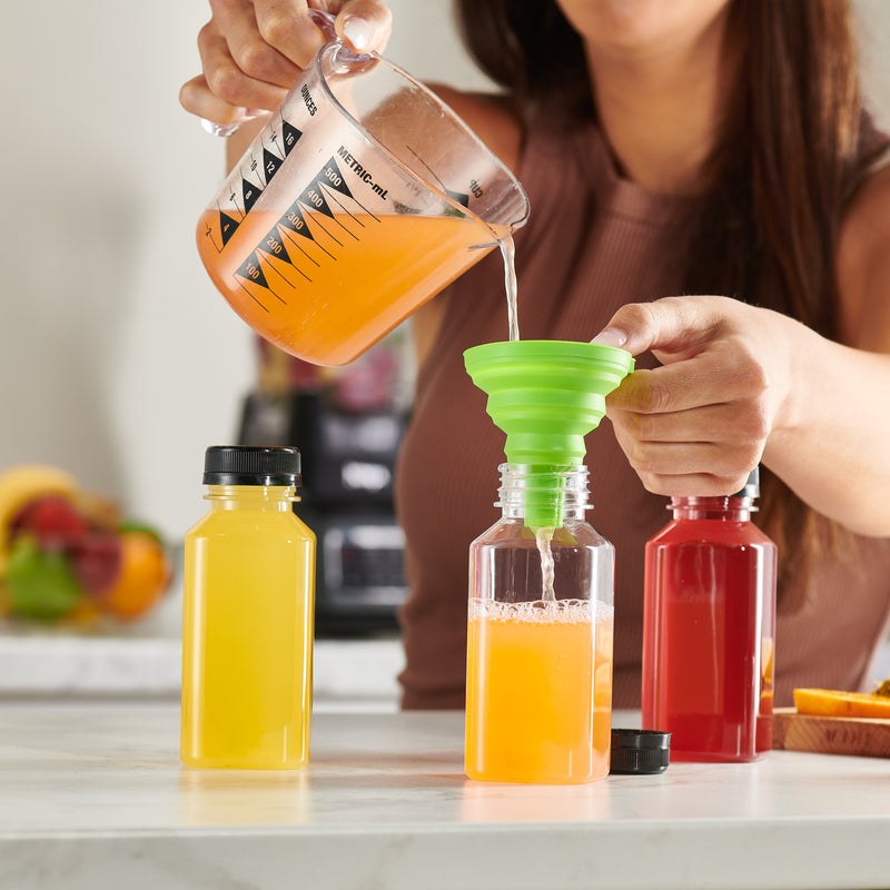 8 oz. Reusable Plastic Juice Bottles With Caps, Labels, Brush, and Silicone Funnel |Clear Juice Containers for Juices, Water, Smoothies, and Other Beverages