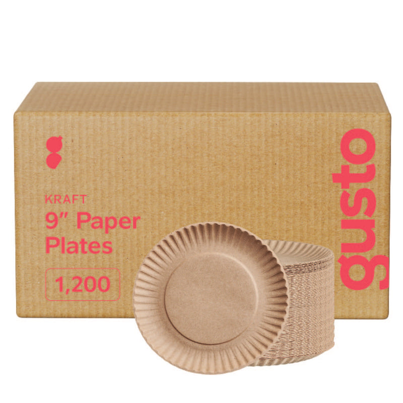 GUSTO [Case of 1200] Disposable Kraft Uncoated Paper Plates, 9 Inch Large- Unbleached