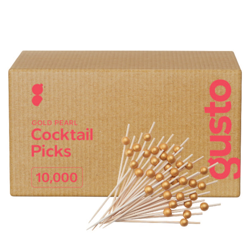 GUSTO [200 Count] Cocktail Picks & Food Toothpicks - 4.7 Inch Wooden Pick Skewers for Drinks & Appetizers - Fancy Gold Pearl Picks…