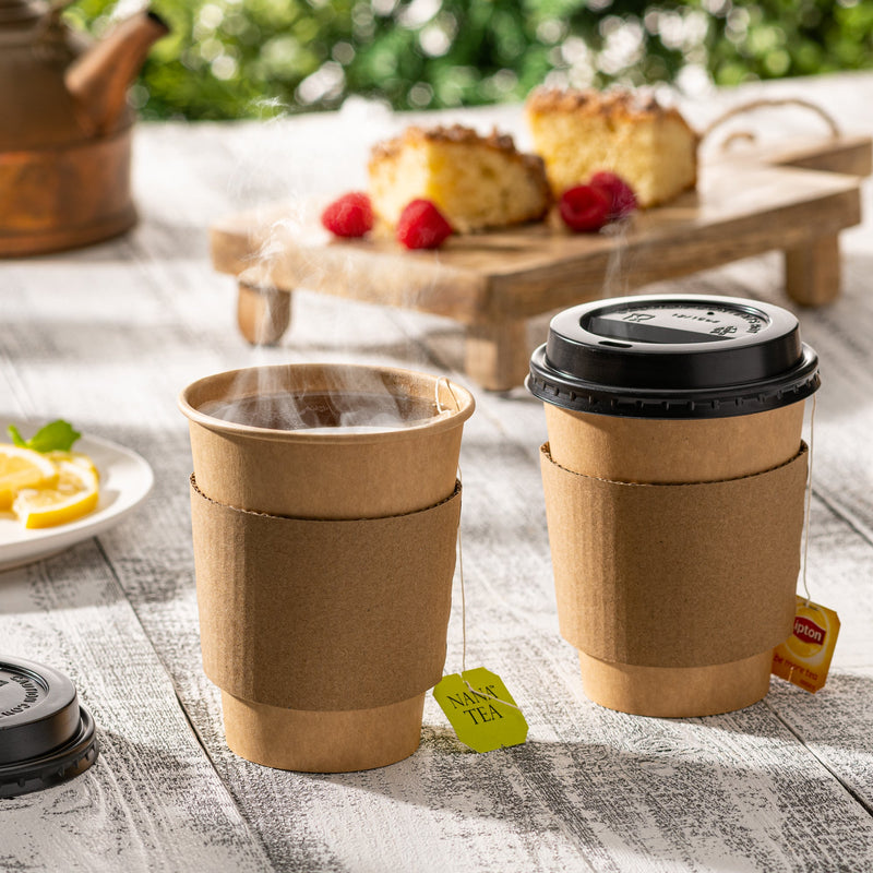 [Case of 300] 12 oz. Disposable Kraft Coffee Cups with Black Lids, Sleeves - To Go Paper Hot Cups