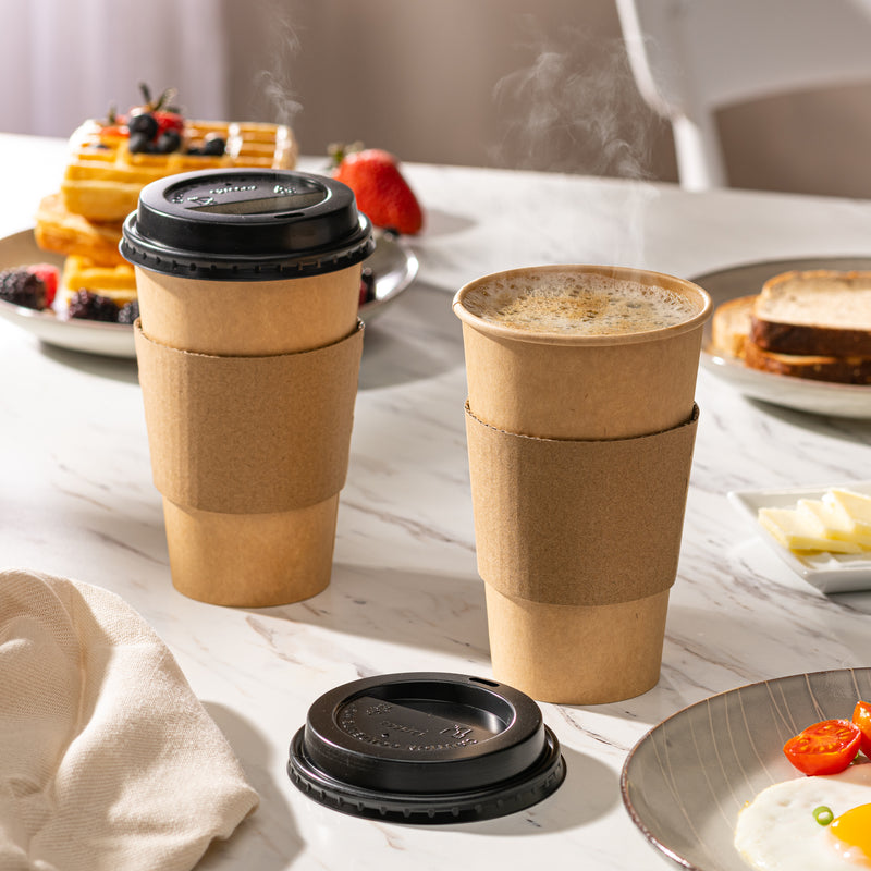Comfy Package 16 oz. Disposable Kraft Coffee Cups with Black Lids, Sleeves - To Go Paper Hot Cups