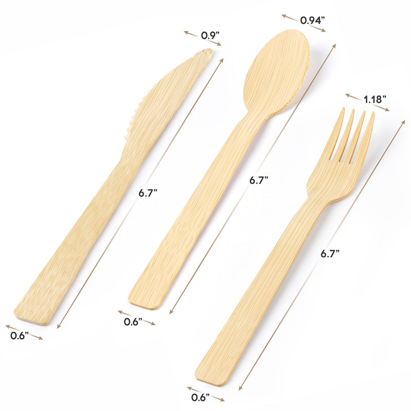 [300 Combo Pack] Compostable Bamboo Cutlery Set, 150 Forks - 100 Spoons - 50 Knives Disposable Utensils for Parties, Camping, and Everyday Use- Biodegradable Silverware Sets…